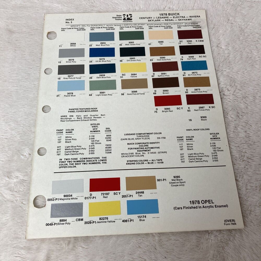 1978 Buick Colors Ditzler PPG Color Chips Color Information Vintage